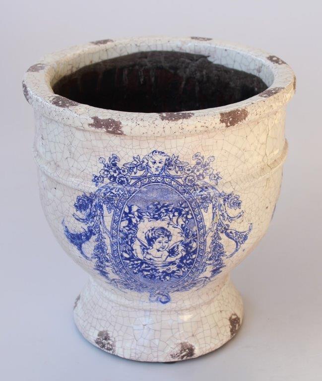 Blue & White Distressed Fat Planter On Foot
